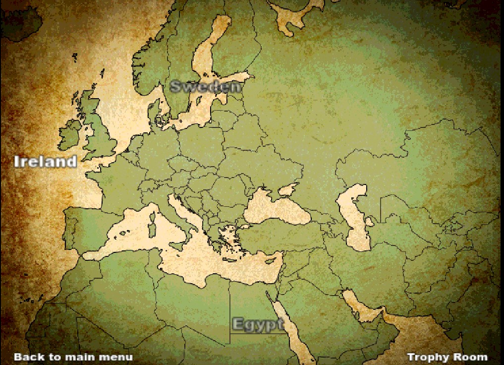 Vintage map from the Crazy Cattle 3D game showing Ireland, Sweden, and Egypt.